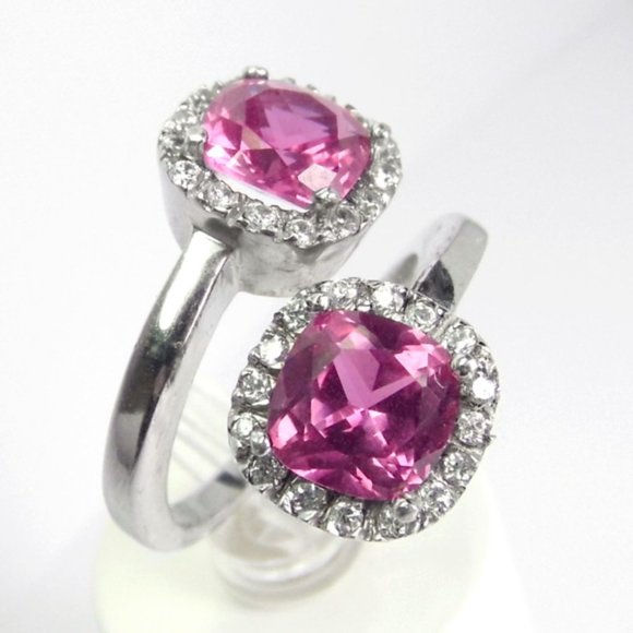 Bypass halo simulated pink Sapphire SILVER Ring